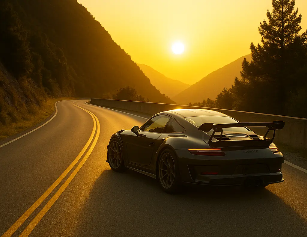 Porsche 911 GT3 RS sur une route de montagne devant un couché de soleil